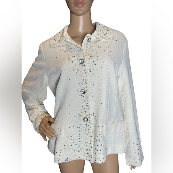 JOAN RIVERS Crystal & Pearl Embellished Cream Long Sleeve Jacket Size Large - Picture 4 of 13